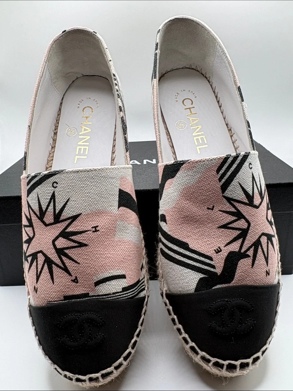 CHANEL Pink and Black Canvas Starburst Espadrilles